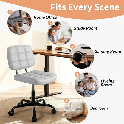 Armless Home Office Desk Chair - Small Swivel Office Desk Chairs with Rolling Wheels - Adjustable PU Leather Computer Chair with Comfy Low Back - For Small Space, Bedroom, Home, Vanity - Light Gray