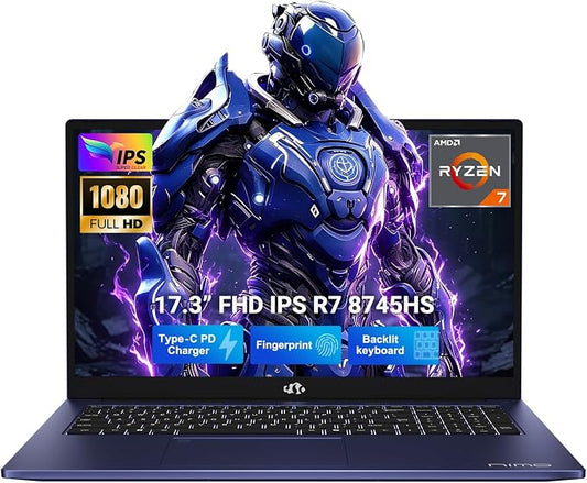 NIMO 17.3" Gaming-Creator-Laptop, 8-Core Ryzen 7 8745HS 32GB RAM 1TB SSD Beat i7-1360P up to 4.9GHz Radeon 780M, USB 4.0 FHD 100W Fast PD for Video Editing, AI Tasks & Remote Streaming, 2-Yr Warranty