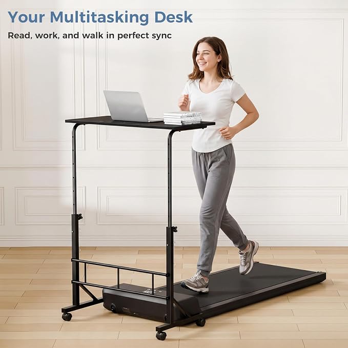 DUMOS 31.5" Walking Pad Desk, Portable Adjustable Height Rolling Laptop Desk with Lockable Wheels, Mobile Stand Up Computer Workstation for Treadmill Home Office Modern Black