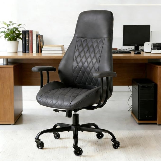 E-Ser Leather Desk Chair, Mid Century Modern Office Chair, Grey | Lumbar Support, Ergonomic, 360° Swivel, Rubber Rolling Wheels, Adjustable Height, for Adults