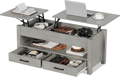 IDEALHOUSE 47.2" Coffee Table with Storage, Multi-Function Lift Top Coffee Table with Wooden Lift Tabletop, 2 Drawers and Hidden Compartment, Central Table for Living Room Home Office, Grey