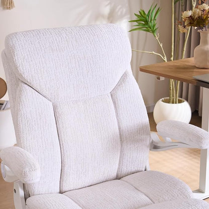 Fabric Executive Office Chair - Ergonomic Computer Chair with Flip-up Arms Comfy Cloth Home Desk Chairs Mid Back Support Adjustable Height Tilt Lock Swivel Rolling Wheels, White