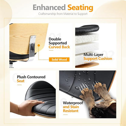 VINGLI Wide Comfotable Swivel Home Office Chair with Wood-Grain Curved Shell,Ergomomic Mid-Back Padded Armless Rolling Desk Chair with Wheels,Height Adjustable for Computer,Task,Work,PU Leather,Black
