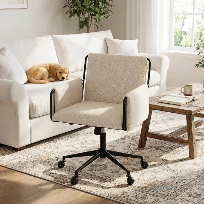 YOUNIKE Wide Seat Home Office Chair with Arms Modern Desk Chair with Wheels Fabric Vanity Chairs with Comfy Back Cross Legs Adjustable Swivel Rolling Computer Task Chair for Study Bedroom Makeup Beige