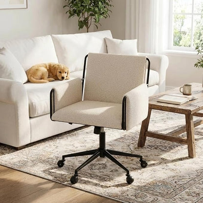 YOUNIKE Wide Seat Home Office Chair with Arms Modern Desk Chair with Wheels Fabric Vanity Chairs with Comfy Back Cross Legs Adjustable Swivel Rolling Computer Task Chair for Study Bedroom Makeup Beige