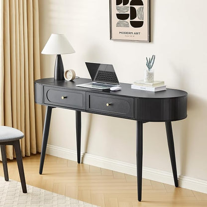 59" Black Home Office Desk, Multiple Storage Wood Writing Desk, MCM Elegant Fluted Table Desk with 2 Flip Hide Storage + 2 Drawer for Apartment (Black)