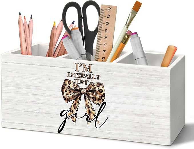 Preppy Coquette Leopard Bow Pen Holder Organizer for Desk Accessories, I'm Literally Just a Girl Wooden Box Sign Desk Decorations for Girls Room Bedroom Decor, Leopard Cheetah Gifts for Women