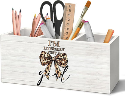 Preppy Coquette Leopard Bow Pen Holder Organizer for Desk Accessories, I'm Literally Just a Girl Wooden Box Sign Desk Decorations for Girls Room Bedroom Decor, Leopard Cheetah Gifts for Women