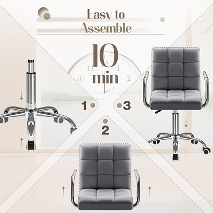 Furmax Vanity Office Chair with Wheels,Makeup PU Leather Executive Chair Modern Adjustable Home Desk Retro Comfortable Work Chair 360 Degree Swivel with Arms (Grey)