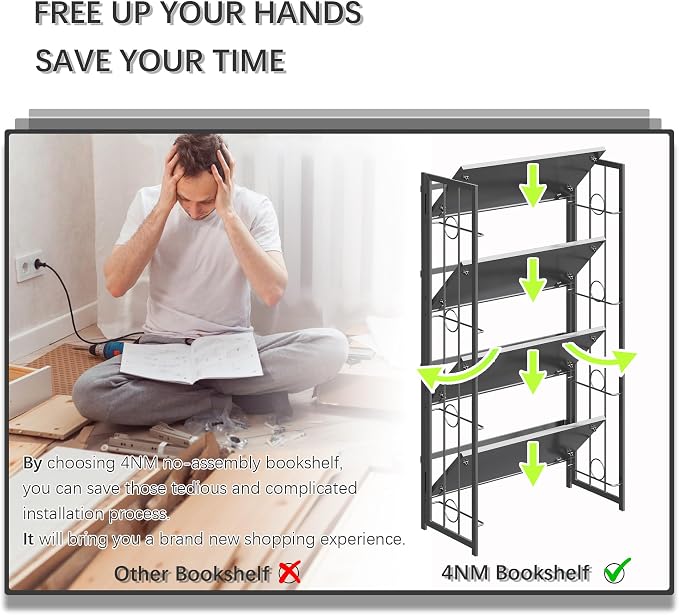 4NM No Assembly 4 Tiers Folding Bookshelf, 47.2" H Foldable Storage Shelves Vintage Bookcase Standing Racks Study Organizer Home Office - All Black