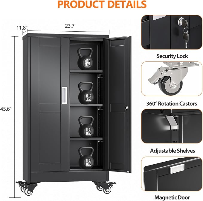 pozdeg 45.6" Metal Garage Storage Cabinets with Wheels, Lockable Rolling File Cabinets with 2 Doors and 3 Adjustable Shelves, Steel Tool Organizer Locker for Office Home Garage Gym School, Black