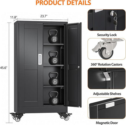 pozdeg 45.6" Metal Garage Storage Cabinets with Wheels, Lockable Rolling File Cabinets with 2 Doors and 3 Adjustable Shelves, Steel Tool Organizer Locker for Office Home Garage Gym School, Black