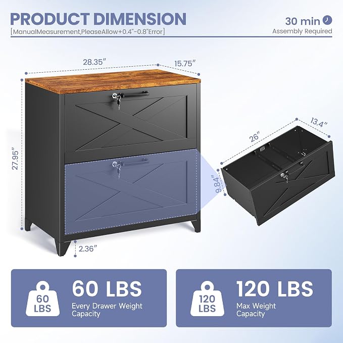 2-Drawer Farmhouse File Cabinet with Lock, Lateral Filing Cabinet for Letter/Legal/A4 Size, Wood File Storage Cabinets Printer Stand with Large Storage for Home Office School, Black