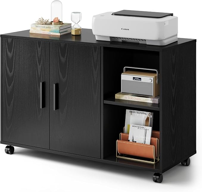 DEVAISE Office Storage Cabinet with Doors and Shelves, Lateral Printer Stand for Office Supplies and File Storage, Filing Cabinet for Home Office, Black