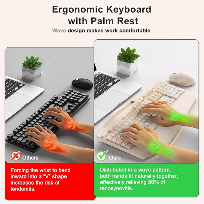 Wireless Keyboard and Mouse Combo, 2.4G Full Size Wave Keys Ergonomic Keyboard with Wrist Rest, Phone Holder, 3-Level DPI Wireless Silent Mouse with 6-Buttons, for Windows (Milk Tea-B)
