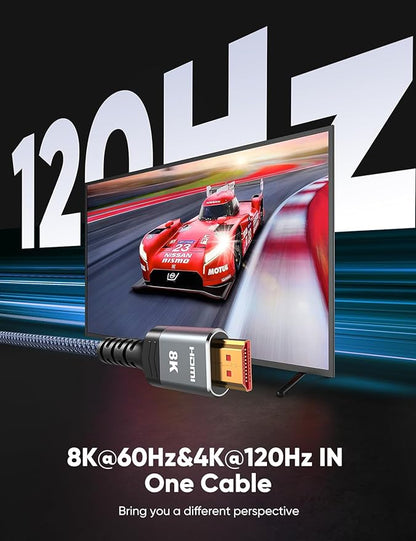 Highwings 8K HDMI Cable 2.1 25FT/7.6M 2-Pack, 48Gbps High Speed HDMI Cord-Nylon Braided 8K60Hz 4K120Hz 4K144Hz 3D eARC HDR10 4:4:4 HDCP 2.2&2.3 QMS DSC VRR, Compatible for Laptop,Monitor,Roku TV,HDTV