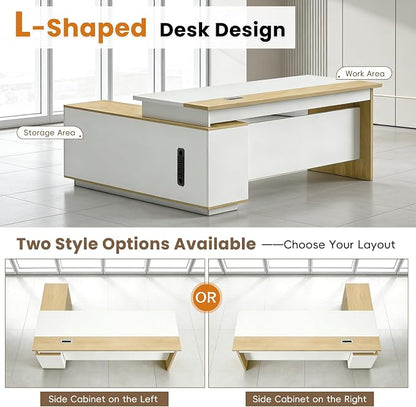 L Shaped Executive Desk with Drawers, Modern Large Wood Home Office Desk, Computer Desk with Storage for Boss Office Workstation