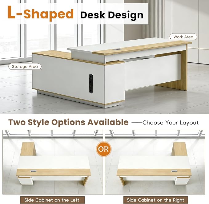 L Shaped Executive Desk with Drawers, Modern Large Wood Home Office Desk, Computer Desk with Storage for Boss Office Workstation