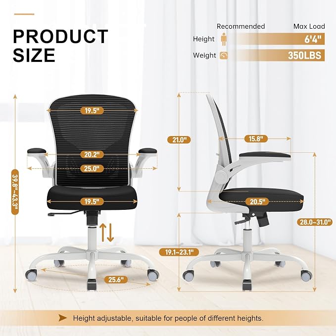 Office Chair, Ergonomic Desk Chairs 330LBS Capacity High Back Mesh Computer Chair with Flip-up Armrests, Comfy Work Chair with Adjustable Lumbar Support