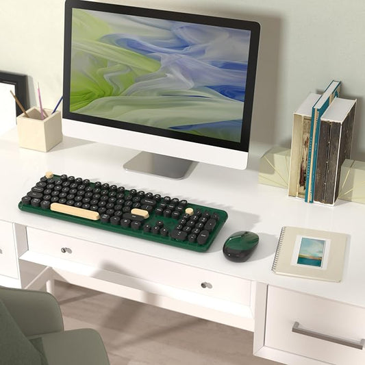 Colorful Wireless Keyboard and Mouse Combo, Retro Typewriter Style Round Keys, 2.4GHz Ergonomic Aesthetic Computer Keyboard with Wrist Rest for Mac, Windows, Laptop, PC(Dark Green)