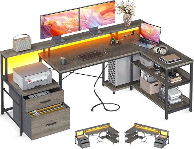 ODK L Shaped Desk with File Drawer, 66" Reversible L Shaped Computer Desk with Power Outlet & LED Strip, Office Desk with Storage Shelves, Gaming Desk with Monitor Shelf, Corner Desk, Grey Oak