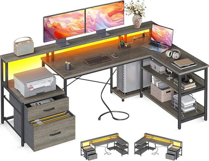 ODK L Shaped Desk with File Drawer, 66" Reversible L Shaped Computer Desk with Power Outlet & LED Strip, Office Desk with Storage Shelves, Gaming Desk with Monitor Shelf, Corner Desk, Grey Oak