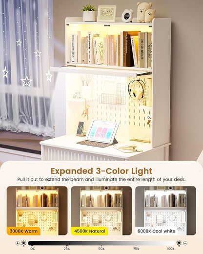 HNEBC White Computer Desk - with Power Outlets & Chariging Station,Small Writing Desk with Hutch and Drawers,66.3''H Office Desk with Pull-Out LED Lights,Pop-up Glass Door,Pegboards,Bedroom