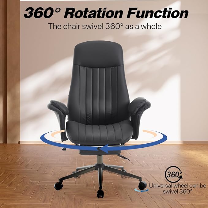 Home Office Desk Chair with Foot Rest, High Back Office Ergonomic Computer Chair with Lumbar Support Adjustable Height Rolling Swivel Chair Executive Task Armrests Black Leather