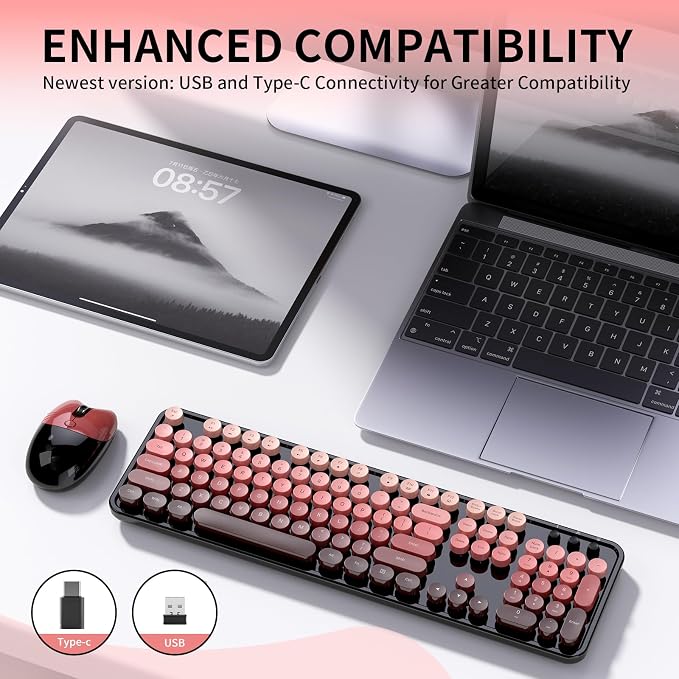 Wireless Keyboard and Mouse, 104 Round Keycaps Retro Typewriter with OTG & Brush, Full-Size Ergonomic, Ideal for Windows PC, Home, Office and College Black Pink