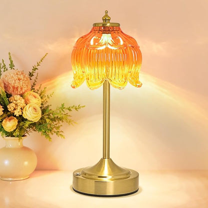 Cordless Lotus Flower Table Lamp, 5200mAh Rechargeable Battery Operated Portable Lamp, 3-Color Dimmable Touch Control Small Desk Lamp for Bedroom, Office, Kitchen, Nightstand,Room Decor (Orange-red)