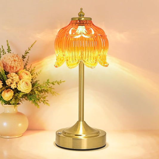 Cordless Lotus Flower Table Lamp, 5200mAh Rechargeable Battery Operated Portable Lamp, 3-Color Dimmable Touch Control Small Desk Lamp for Bedroom, Office, Kitchen, Nightstand,Room Decor (Orange-red)