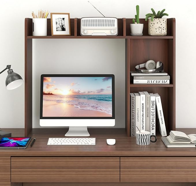 LDAILY Desktop Shelf, Multipurpose Wood Desk Hutch for Max 27" Computer Monitor, Countertop Storage Hutch with 5 Shelves, 3 Tier Desktop Display Rack for Dorm Office Home(Walnut)