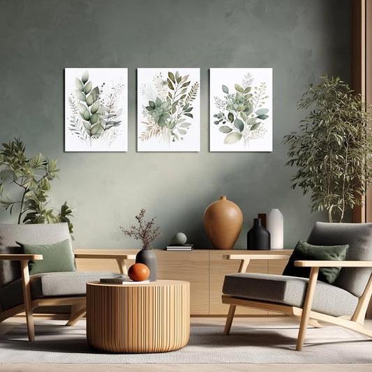LLEEMPI Framed Sage Green Wall Art Set of 3, Modern Watercolor Botanical Wall Decor, Eucalyptus Leaf Canvas Painting, Classic Minimalist Florals Poster Print for Bedroom Bathroom Office 16x24 Inch