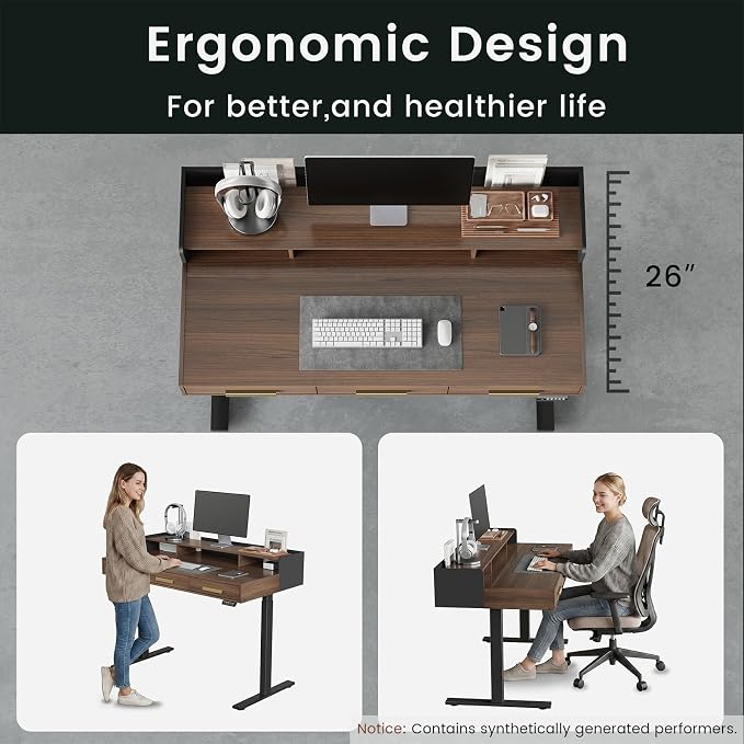 ModernMate Electric Standing Desk with 3 Drawers & Monitor Shelf, 48" Height Adjustable Sit Stand Desk with Storage, Home Office Computer Workstations for Small Space, Black Walnut