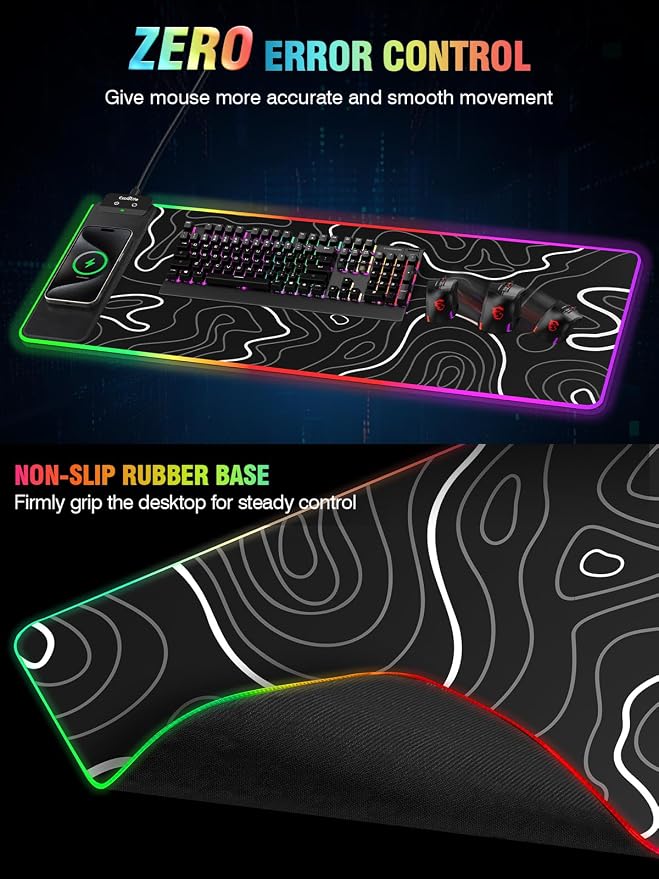 Wireless Charging RGB Gaming Mouse Pad, 31.5"x15.7" XXL Large Desk Mat, Desk Pad for Gamer, 9 Light Modes, Non-Slip Rubber Base, Waterproof, Computer Keyboard Mat, Black