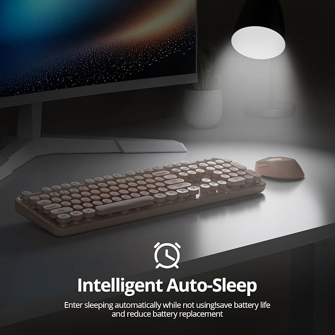 GTSP Colorful Brown Wireless Keyboard and Mouse Combo, Retro Wireless Typewriter Full-Size Cute Office Keyboard 2.4GHz with Round Keycaps for Desktop Laptop and PC (Cute Brown)