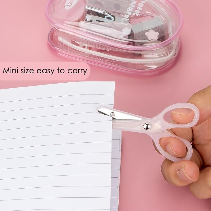 7-Pieces Clear Desk Organizer Set - with Stapler, Hole Punch, Tape Dispenser, Scissors & Highlighters, Transparent Office Supplies Kit for Home Office, School & Workspace