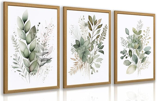 LLEEMPI Sage Green Wall Art Set of 3, Modern Watercolor Botanical Wall Decor, Eucalyptus Leaf Canvas Painting, Classic Minimalist Florals Poster Print for Bedroom Bathroom Office 12x16 Inch Framed Included (Total Size)