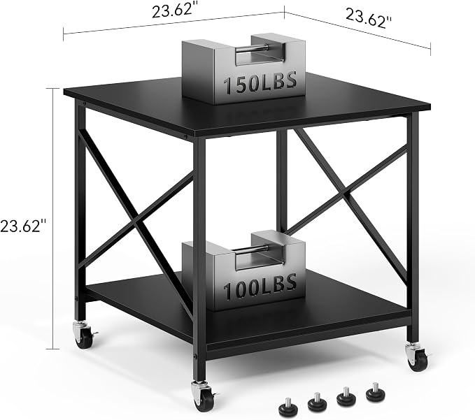 Warmiehomy 24"x24"x24" Large Printer Stand with Storage, 2 Tier Rolling Printer Cart Table, Mini Fridge Stand with Wheels, Use for 3D Laser Printer Home Office, Black
