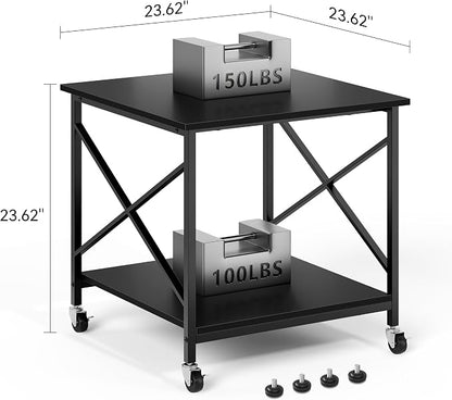 Warmiehomy 24"x24"x24" Large Printer Stand with Storage, 2 Tier Rolling Printer Cart Table, Mini Fridge Stand with Wheels, Use for 3D Laser Printer Home Office, Black