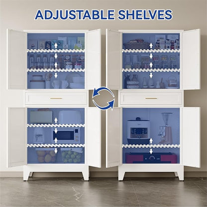 COFaR 71'' Tall Metal Pantry Cabinet with Drawer, Kitchen Storage Cabinet with 4 Doors and Shelves, Freestanding Farmhouse Food Cupboard for Kitchen Dinning Room Garage, White 6-Tier