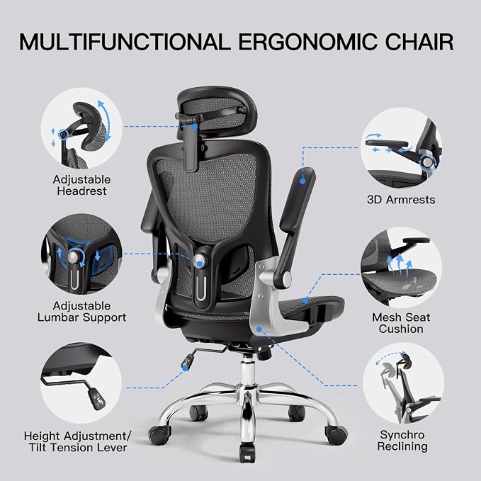 marrap Ergonomic Office Chair, Mesh Desk Chair with 3D Armrests, Adjustable Lumbar Support and Headrest, 90-120° Rocking Function, Black