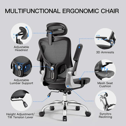 marrap Ergonomic Office Chair, Mesh Desk Chair with 3D Armrests, Adjustable Lumbar Support and Headrest, 90-120° Rocking Function, Black