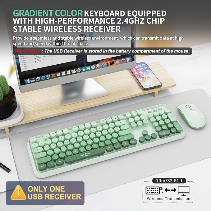 Wireless Keyboard and Mouse | Cute Colorful Keyboard and Mouse with 2.4GHz Cordless Retro Typewriter Keyboard | Auto-Sleep | USB Receiver for Windows PC/Laptop - Green Gradient