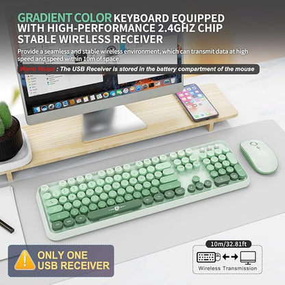 Wireless Keyboard and Mouse | Cute Colorful Keyboard and Mouse with 2.4GHz Cordless Retro Typewriter Keyboard | Auto-Sleep | USB Receiver for Windows PC/Laptop - Green Gradient
