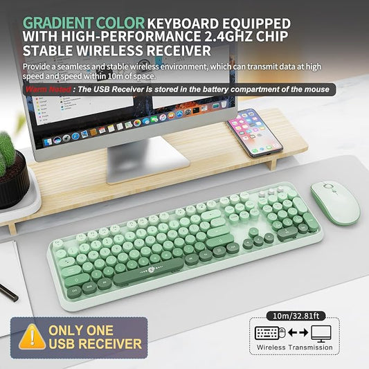 Wireless Keyboard and Mouse | Cute Colorful Keyboard and Mouse with 2.4GHz Cordless Retro Typewriter Keyboard | Auto-Sleep | USB Receiver for Windows PC/Laptop - Green Gradient