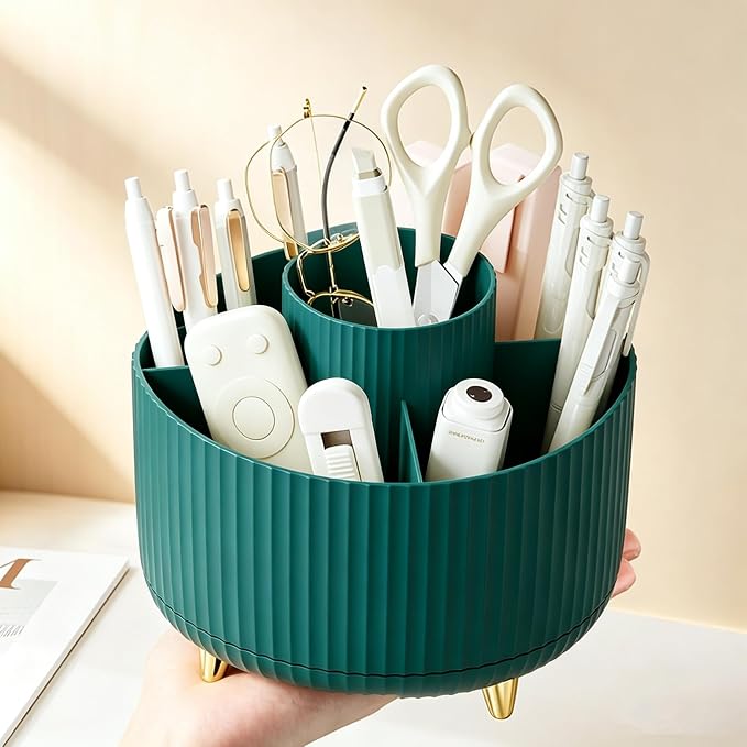 Pencil Pen Holder 5 Slots 360°Degree Rotating Pen Organizers for Desk Desktop Storage Stationery Supplies Cute Pencil Cup Pot Kids Desk Organizer for Office Home School（Green）