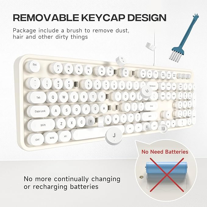 MOWUX Computer Keyboard Wired, Plug and Play USB Retro Round Typewriter Keyboard, Full Size Wired Keyboard with Foldable Stands for Laptop and Office PC- White