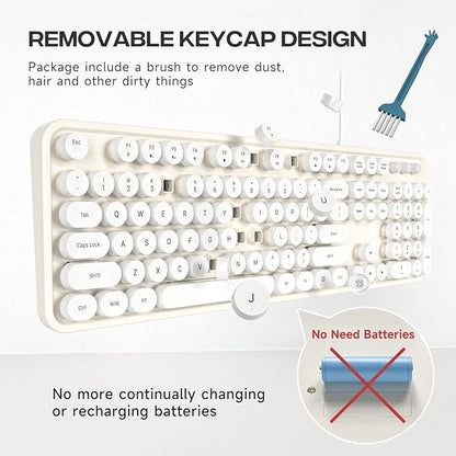 MOWUX Computer Keyboard Wired, Plug and Play USB Retro Round Typewriter Keyboard, Full Size Wired Keyboard with Foldable Stands for Laptop and Office PC- White