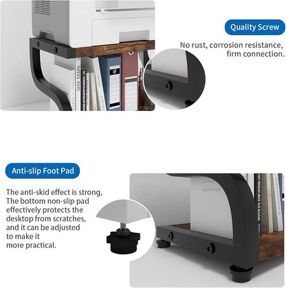 PUNCIA 2 Tier Wood Printer Stand with Storage Heavy Duty Desktop Shelf | Retro Modern Minimalist Style Fits Laser Printers Copiers Fax Machines, Organizer for Home Office Dorm Small Spaces